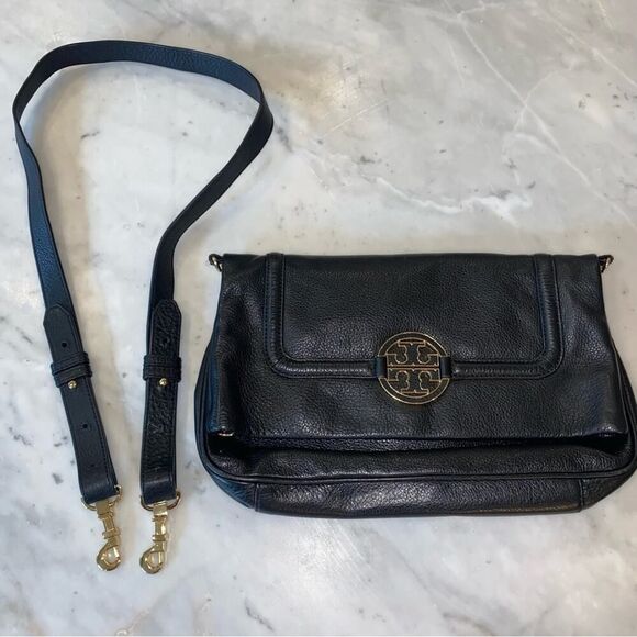 Tory Burch Black Leather Amanda Foldover Black Pebble Leather Crossbody EUC - Picture 10 of 16
